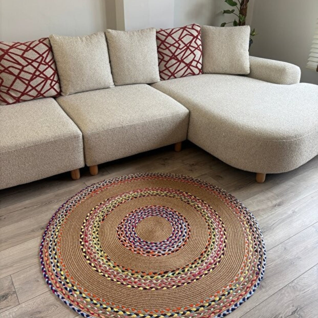 Mavaux Sölen Runder Jute-Teppich, Bunt geflochtener Naturfaser-Kelim für Wohnzimmer (Kopie)