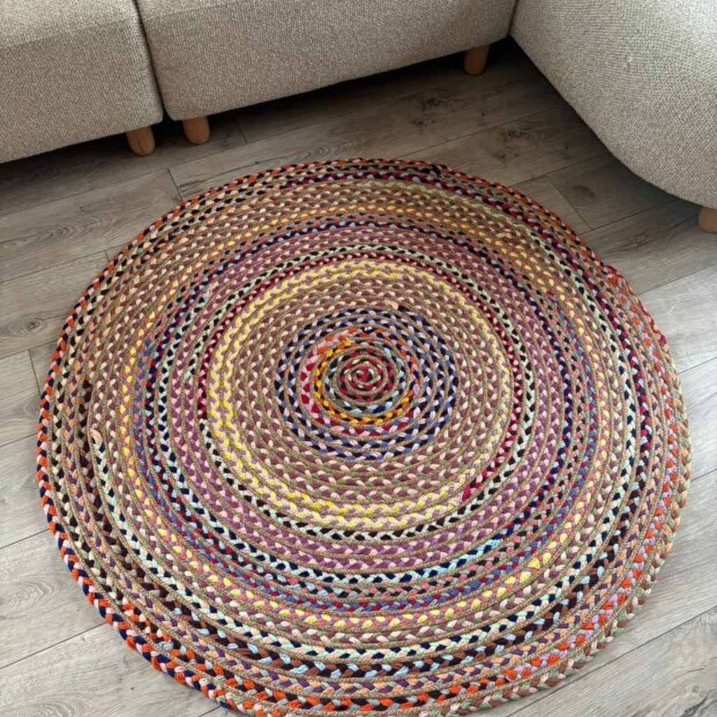 Mavaux Sölen Runder Jute-Teppich, Bunt geflochtener Naturfaser-Kelim für Wohnzimmer
