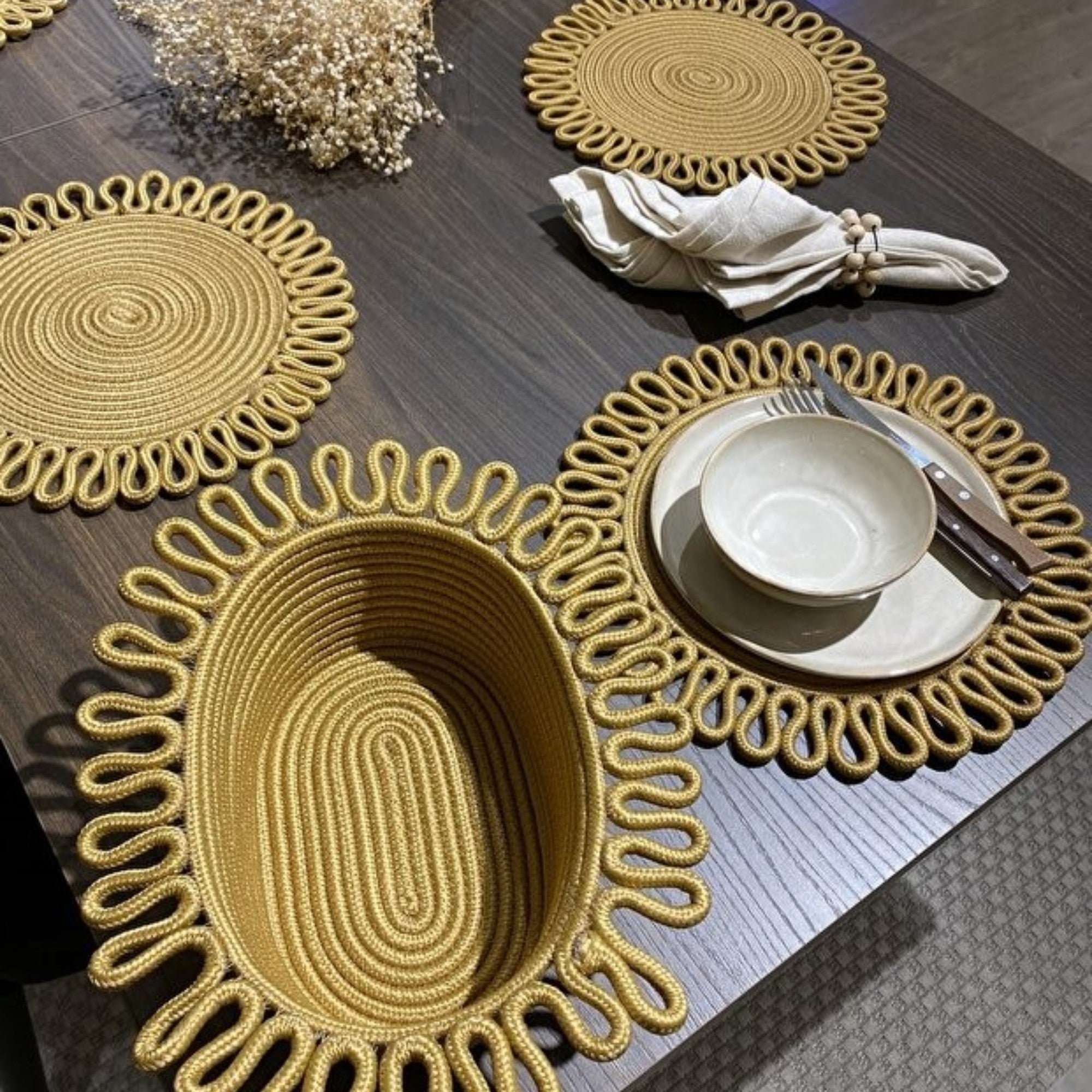 Galaxy Modernes Jute-Platzset und Brotkorb-Set (7-teilig)