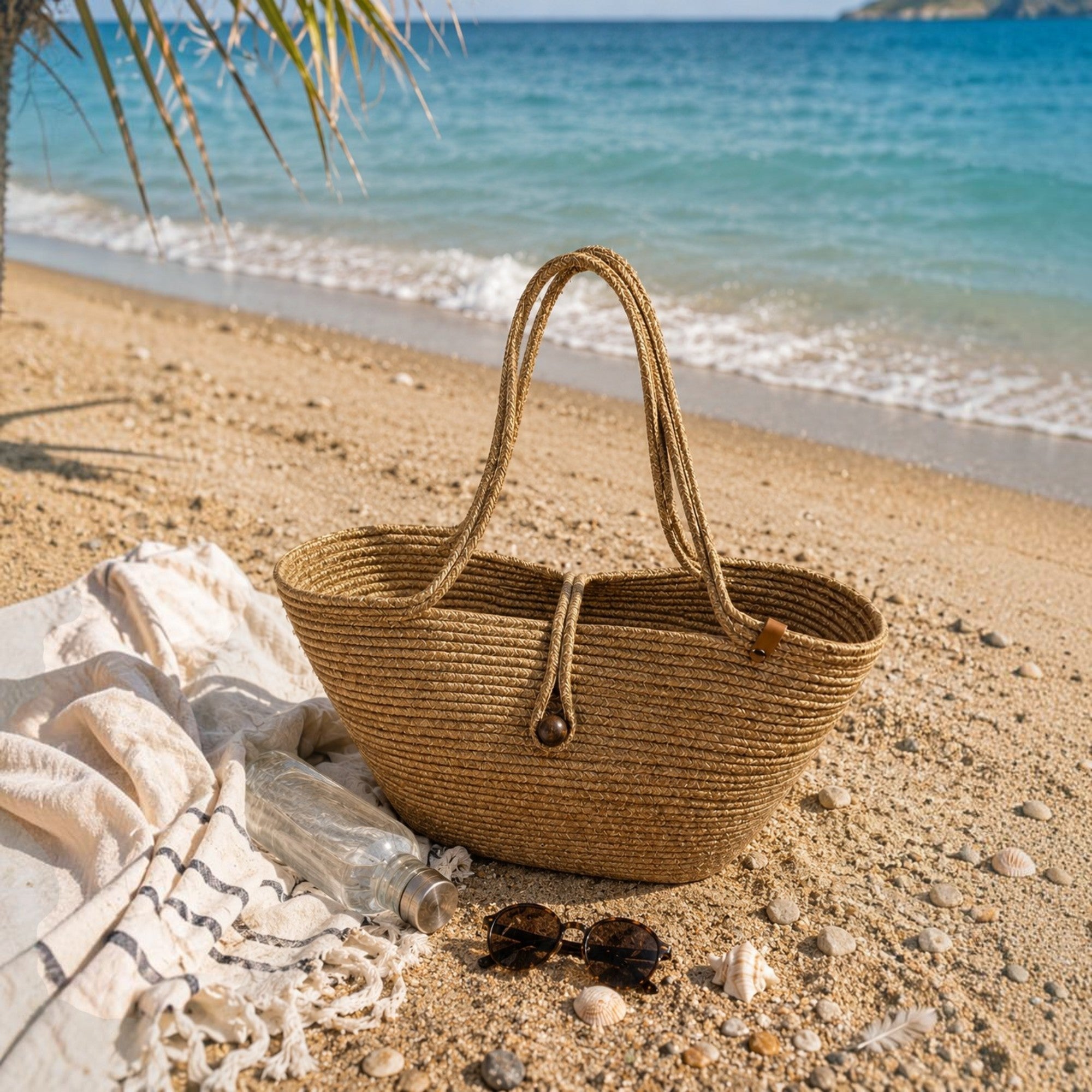 Mavaux Havana Strandtasche Damen Groß – Strohtasche aus Jute mit Holzperlen-Verschluss