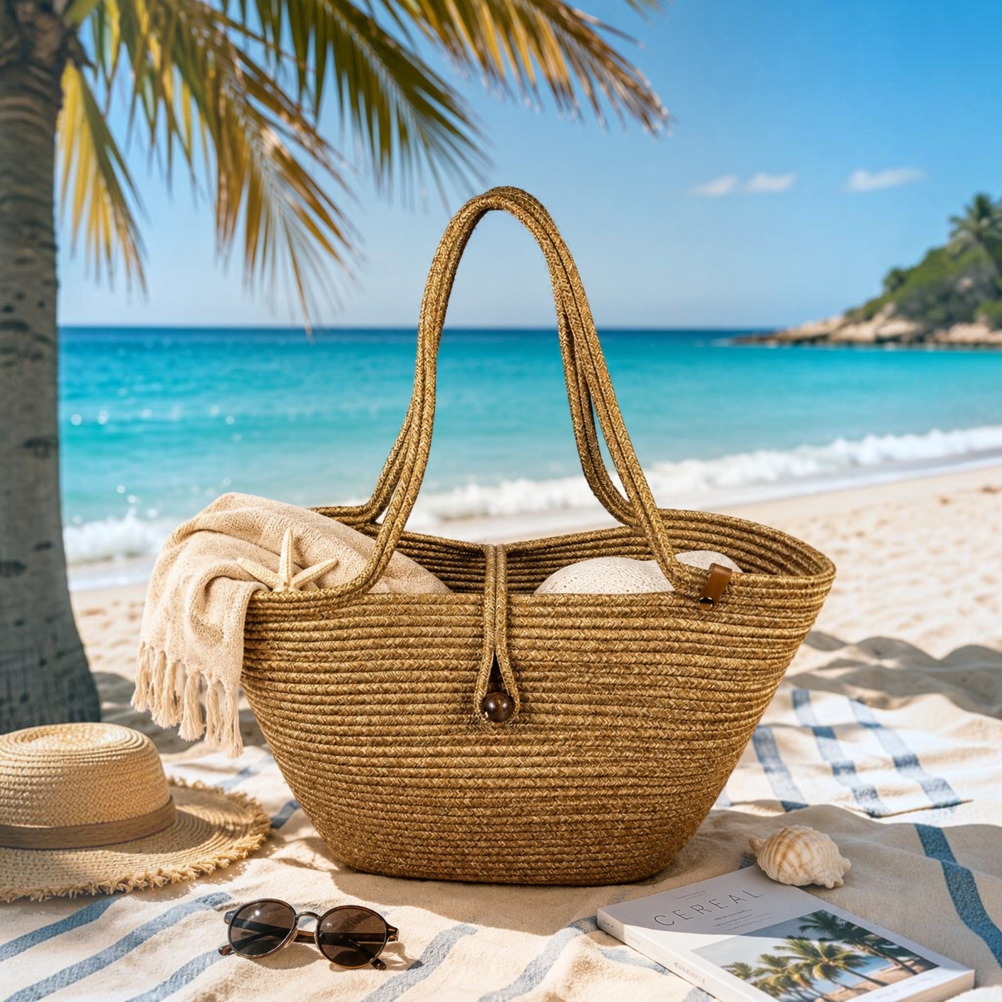 Mavaux Havana Strandtasche Damen Groß – Strohtasche aus Jute mit Holzperlen-Verschluss
