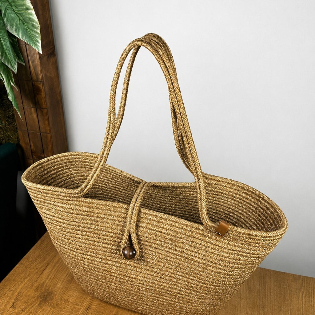 Mavaux Havana Strandtasche Damen Groß – Strohtasche aus Jute mit Holzperlen-Verschluss