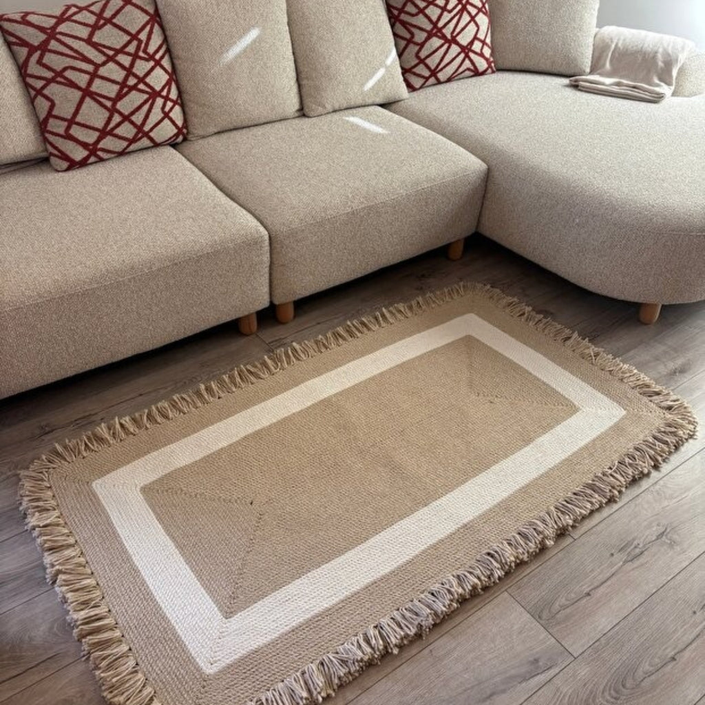 Mavaux Nil Jute-Teppich – Handgewebter Boho-Wohnzimmerteppich mit Fransen & Naturseil-Optik