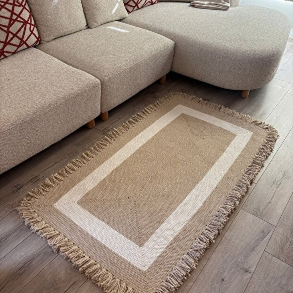 Mavaux Nil Jute-Teppich – Handgewebter Boho-Wohnzimmerteppich mit Fransen & Naturseil-Optik