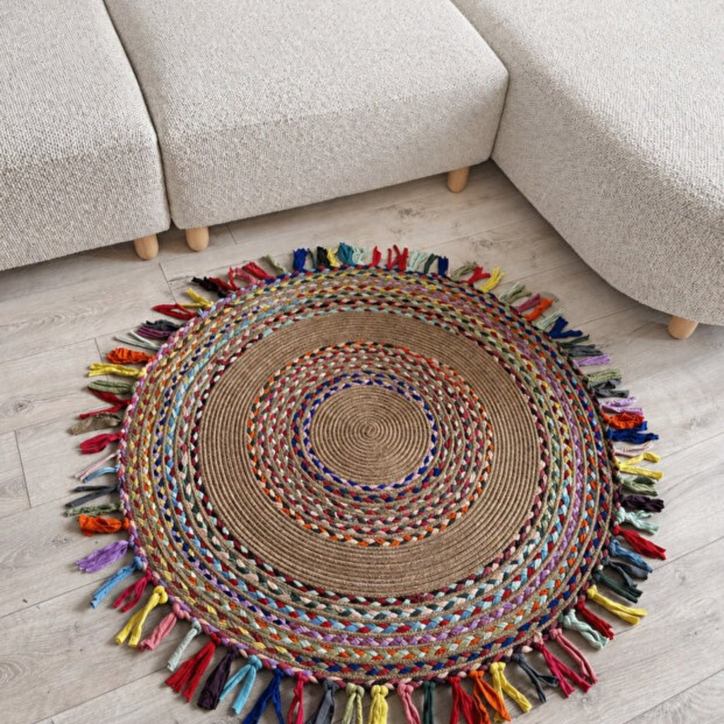 Mavaux Sölen Runder Jute-Teppich, Bunt geflochtener Naturfaser-Kelim für Wohnzimmer