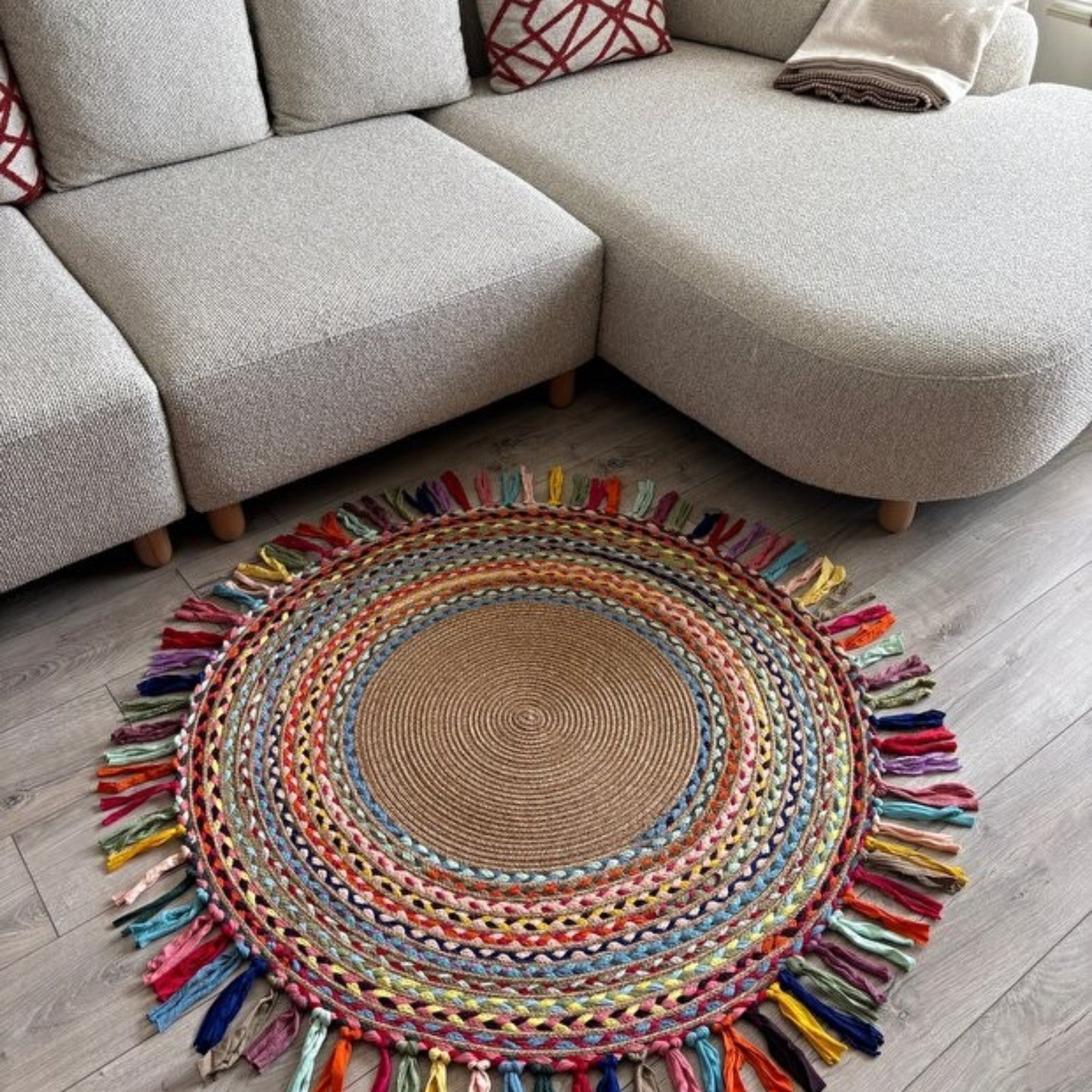 Mavaux Sölen Runder Jute-Teppich, Bunt geflochtener Naturfaser-Kelim für Wohnzimmer