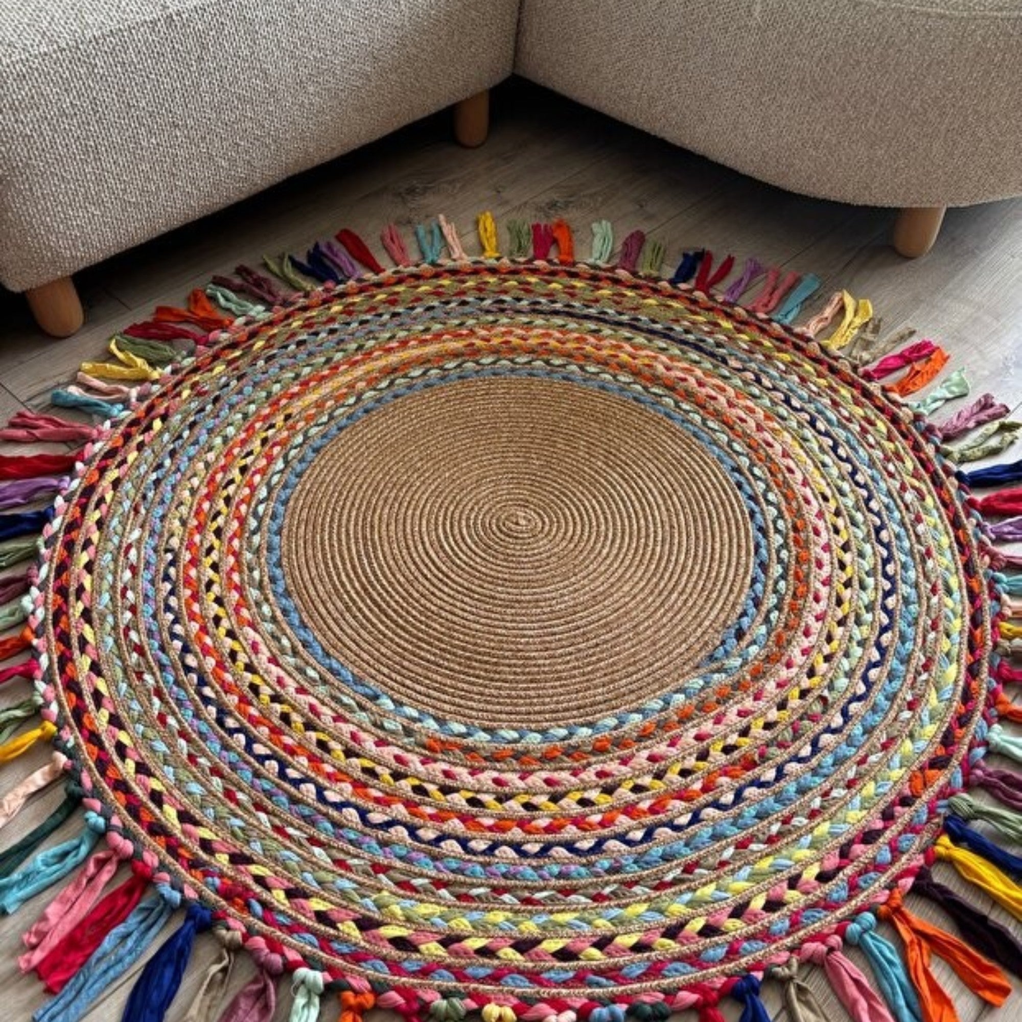 Mavaux Sölen Runder Jute-Teppich, Bunt geflochtener Naturfaser-Kelim für Wohnzimmer