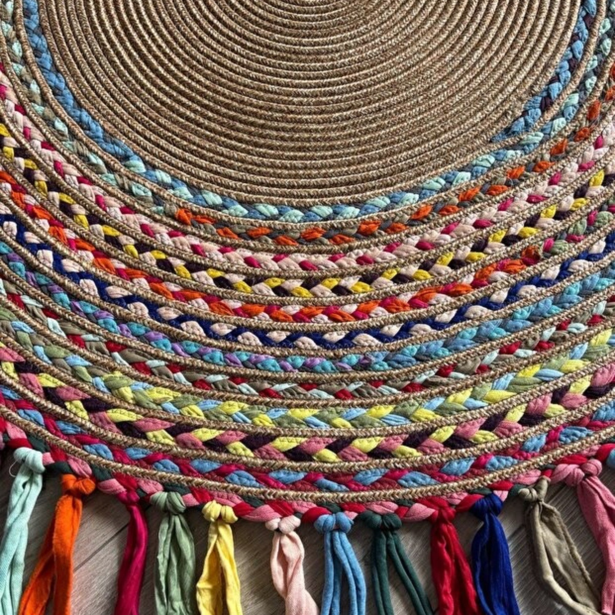 Mavaux Sölen Runder Jute-Teppich, Bunt geflochtener Naturfaser-Kelim für Wohnzimmer