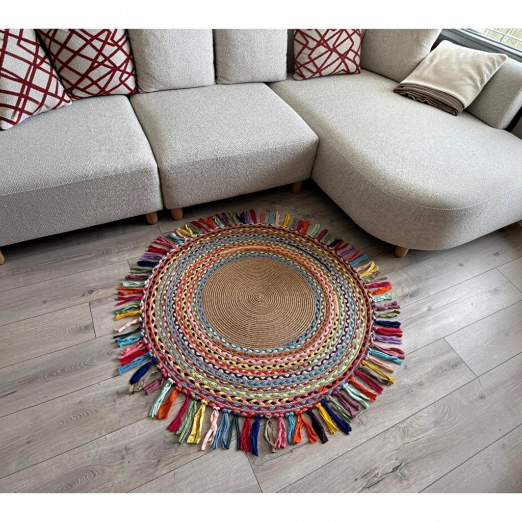 Mavaux Sölen Runder Jute-Teppich, Bunt geflochtener Naturfaser-Kelim für Wohnzimmer