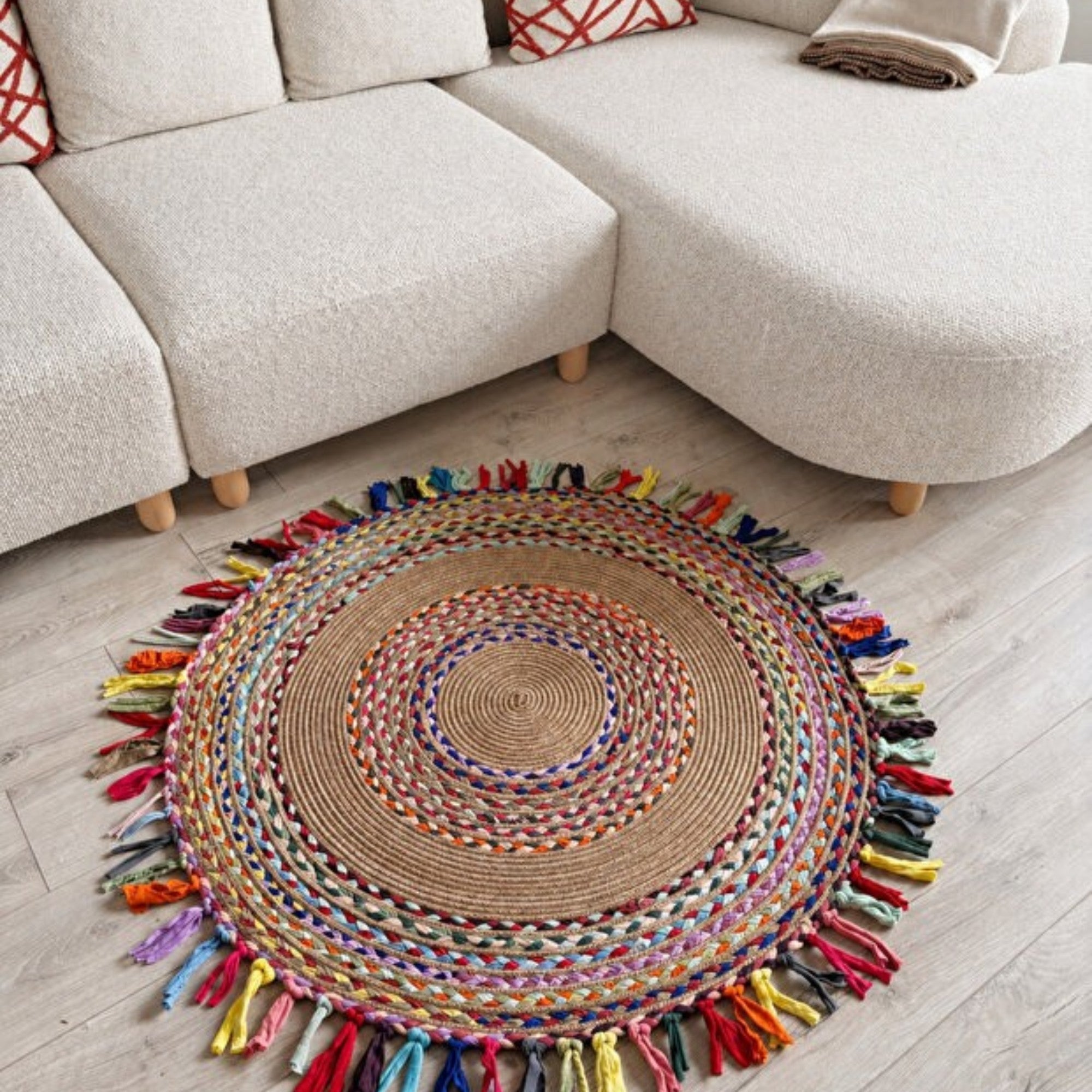 Mavaux Sölen Runder Jute-Teppich, Bunt geflochtener Naturfaser-Kelim für Wohnzimmer