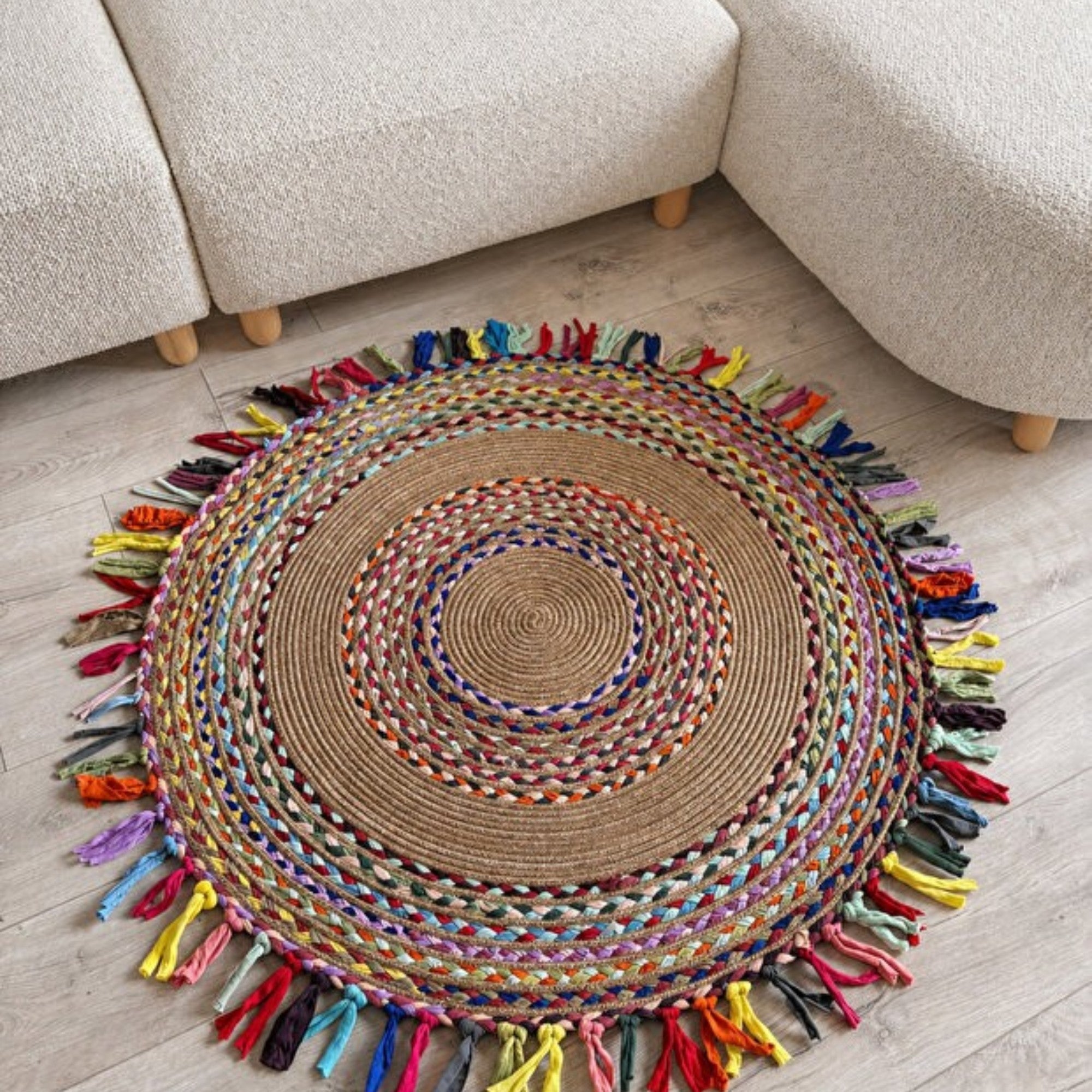 Mavaux Sölen Runder Jute-Teppich, Bunt geflochtener Naturfaser-Kelim für Wohnzimmer