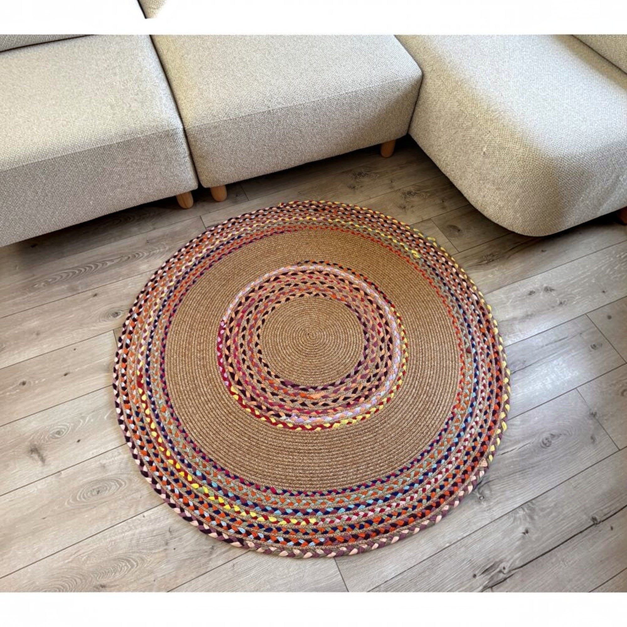 MaVaux Sölen Runder Jute-Teppich, Bunt geflochtener Naturfaser-Kelim für Wohnzimmer